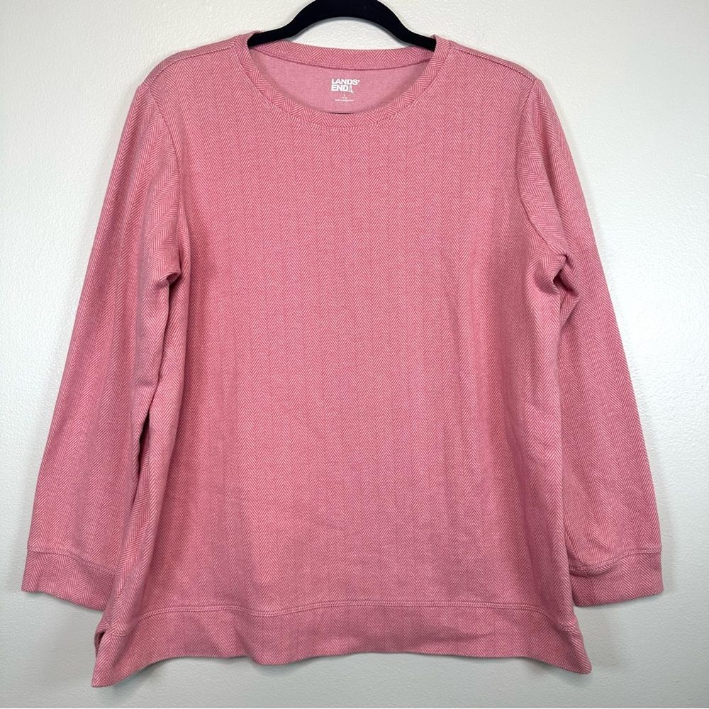 Lands End Women’s Cozy Pink Patterned Pullover Crewneck Sweater Large
